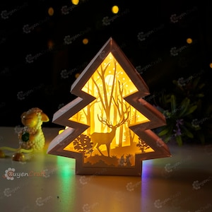 Deer Christmas Tree Shadow Box Paper Cut Lamp, Christmas Lanterns - DIY Paper Cut Lamp - Christmas Lightbox SVG Files for Cricut Projects