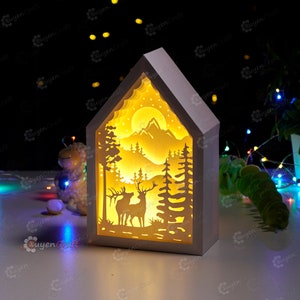Szablony SVG z lampionami świątecznymi w kształcie jelenia, wycinane z papieru lightboxy (PDF, SVG, Studio)