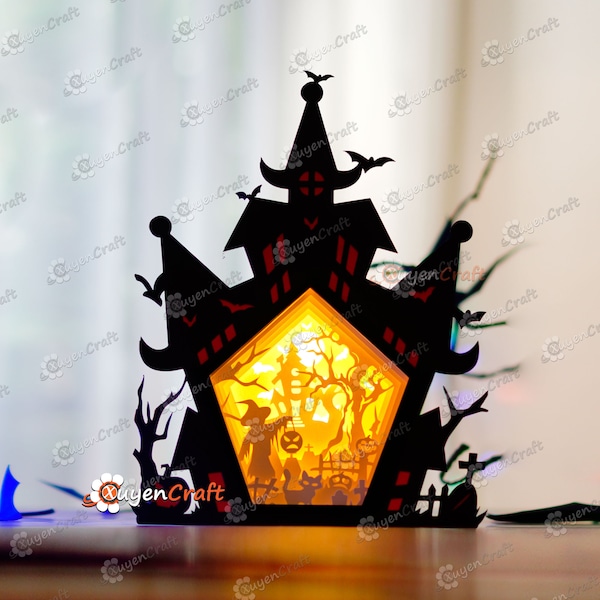 Haunted House Shadow Box Halloween PDF, SVG Light Box for Cricut Projects, Sillhouette 4, ScanNcut - DIY Paper Lanterns Lamp Halloween Decor