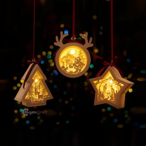Pack 3 Lanterns Hanging Christmas Ornaments SVG, PDF Template for Merry Christmas Shadow Box, Star Paper Lanterns, Christmas Tree Ornaments