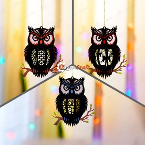 Set 3 Eulen Laterne PDF, SVG, Studio Vorlagen - Eule Papierlaterne für Halloween Dekoration - DIY Halloween Laterne Light Box Papierschnitt