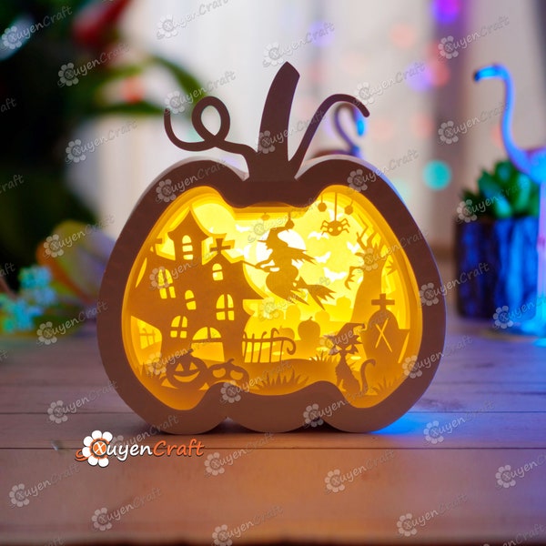 Flying Witch Pumpkin Lantern Shadow Box Halloween PDF, SVG Light Box for Cricut, Sillhouette 4, ScanNcut - DIY Paper Lanterns Lamp Decor