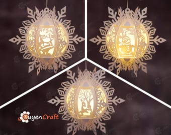 Set 3 Hanging Snowflake Lantern PDF, SVG, Studio Templates - DIY Christmas Lantern for Merry Christmas, Christmas Ornaments - Paper Cut Svg