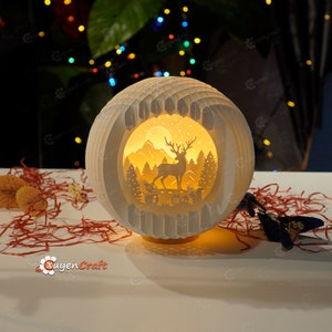 Joyeux Noël bonhomme de neige, Deer Sphere Popup 3D - Modèle SVG de coupe de papier - Carte pop-up 3D - Lampe de coupe de papier bricolage, Lanternes en papier de Noël