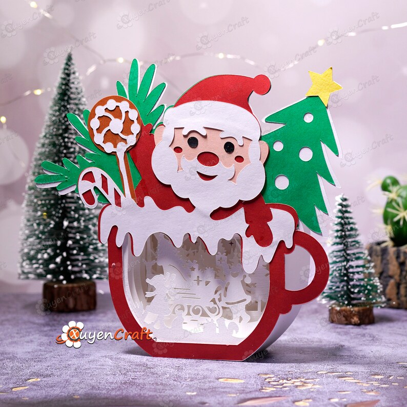 Santa Hot Cocoa Shadow Box SVG, Christmas Paper Cut Light Box (Digital Download) image 4