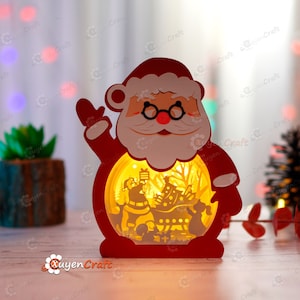 Sleigh & Santa Lantern Shadow Box SVG Template - Christmas Light Box - DIY Christmas Lantern, Xmas Paper Cut Template for Cricut Projects