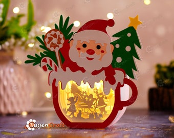 Santa Hot Cocoa Shadow Box SVG, Weihnachtspapierschnitt Lichtbox (Digitaler Download)