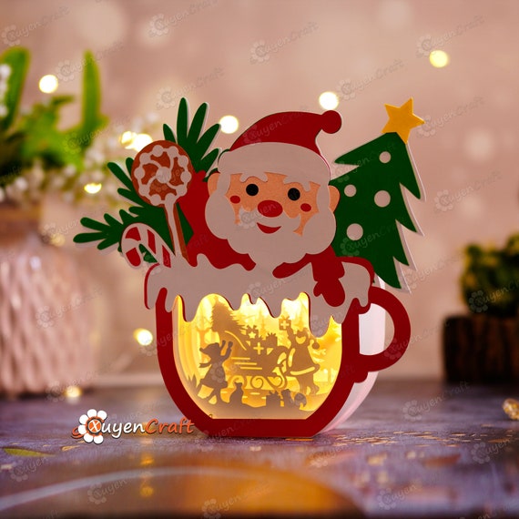 Santa Claus Christmas Hot Cocoa Shadow Box SVG Light Box for Cricut Projects, Cameo, ScanNcut, DIY Christmas Lantern Santa Paper Cut