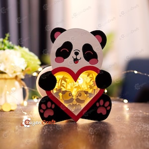 Couple Panda Heart Lantern Shadow Box PDF, SVG Template - DIY Panda Lightbox for Valentine&#39;s Day - Panda Paper Cut Lantern 3D Shadow Box svg