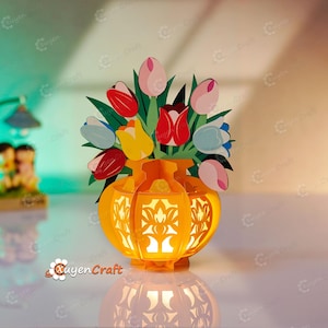 Lanterna a forma di vaso di tulipano PDF, SVG, modelli di studio - Lanterna a forma di fiore fai da te, ornamenti di lanterne di carta - Lampada da taglio di carta svg