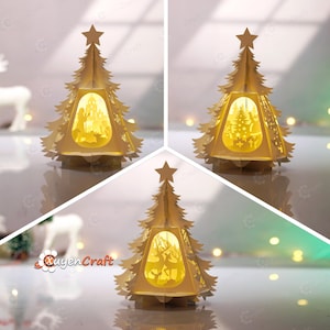 Könnte beinhalten: Dreiteiliges Bild von beleuchteten Weihnachtsbäumen aus Papier. Jeder Baum hat einen Stern oben und eine ausgeschnittene Szene im Inneren. Die Szenen zeigen eine Krippe, einen Wald und Rentiere. Die Bäume sind warmbraun.