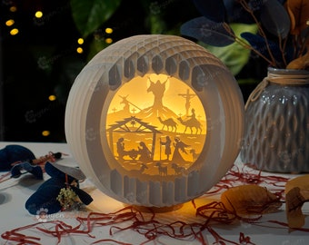 Nativity Scene Christmas Sphere Pop Up SVG Template, Christmas Lightbox 3D Papercut Light Box Sliceform DIY Paper night light popup