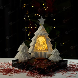 Sapin de Noël 3D Pop Up 02 PDF, modèle SVG Paper Craft Christmas Tree Lighting, carte de Noël DIY, Shadow Box, projets de cricut de Noël