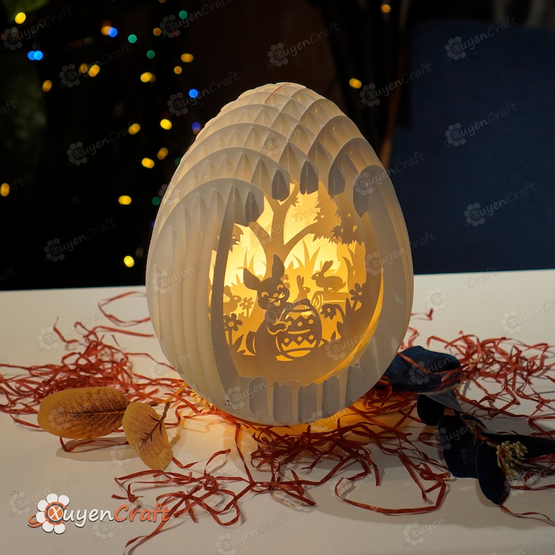 PDF, SVG, Studio Template Easter Bunny Eggs Pop up, 3D Papercut Light Box Sliceform Paper Sphere Popup, 3d lamp svg, Easter night light image 3