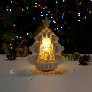 Belén en árbol emergente SVG plantilla de papel cortando creando iluminación de árbol de Navidad Pop up para Merry Christmas Shadow Box, Tree V3