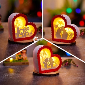 Confezione da 3 Heart Shadow Box SVG per progetto Cricut, ScanNcut, Cameo - Heart Lightbox 14 cm - Fai da te per San Valentino - Lanterne a forma di cuore in carta tagliata