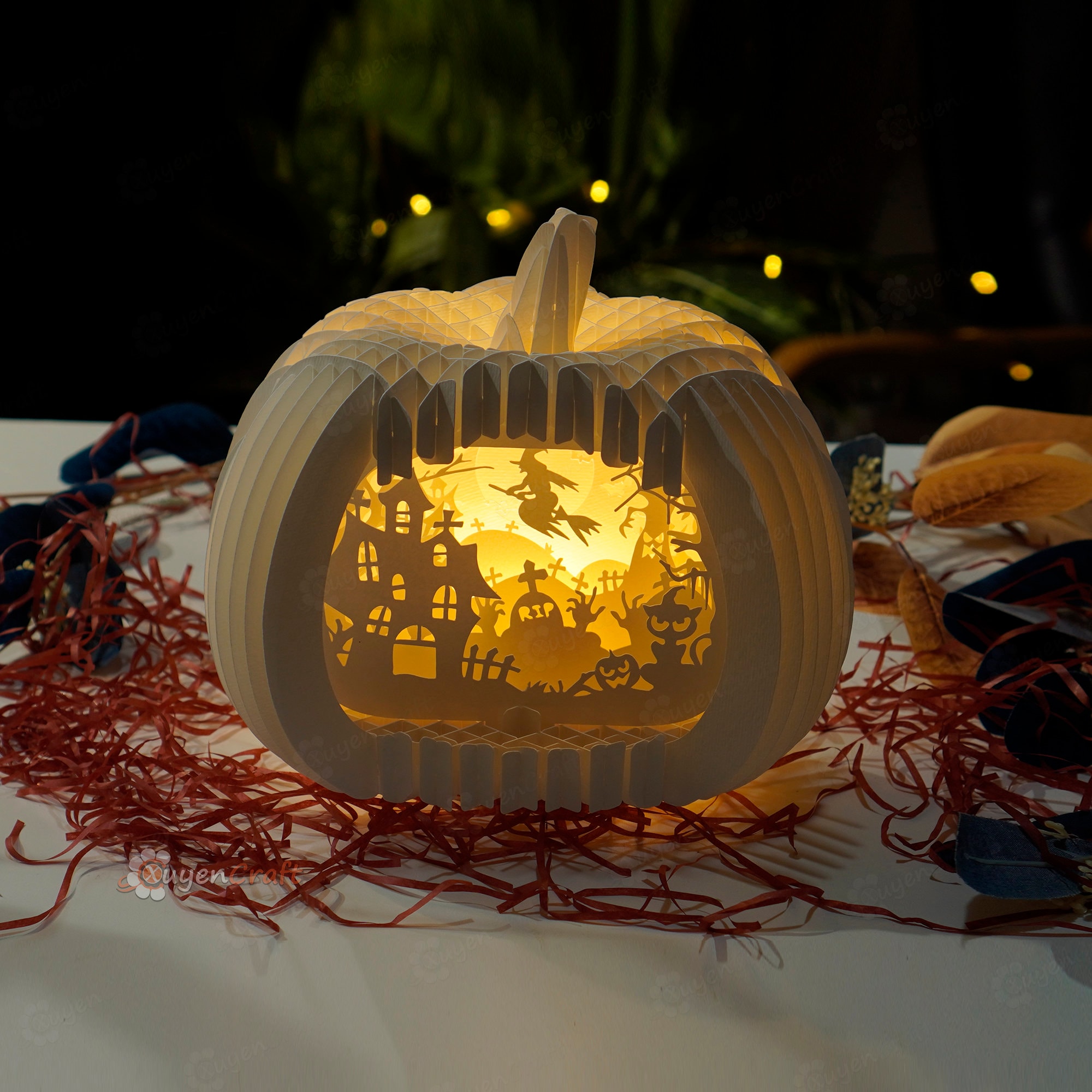 空飛ぶ魔女のカボチャのポップアップ SVG、スタジオ、PDF テンプレート