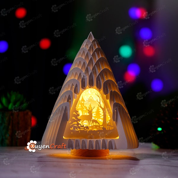 Hirsch-Szene im Weihnachtsbaum V2 3D Popup SVG-Vorlage - Weihnachtsbaum-Laterne 3D Schattenbox für Frohe Weihnachten Lightbox Scherenschnitt