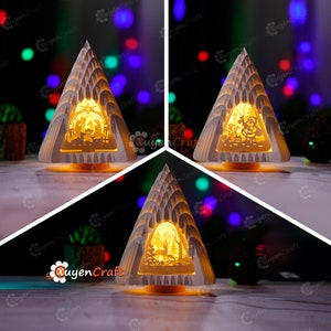 Pack 3 kerstboom V2 met herten, kerstman, sneeuwpop, kerststal 3D pop-up SVG-sjabloon - kerstboomlantaarn 3D schaduwdoos SVG
