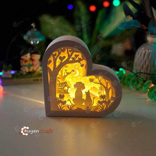 Dog and Cat Lover Heart Lanterns Shadow Box SVG for Cricut Projects, Valentines Crafts, Paper Cut Template - DIY Lamp decor 3d heart svg