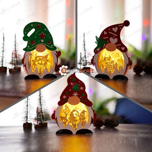 Confezione da 3 scatole luminose per gnomi natalizi in formato PDF, scatola luminosa SVG per progetti Cricut - Lanterna fai da te per gnomi con camion di Natale, Babbo Natale, scena di cervi