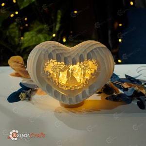 Cartão pop-up de coração de casamento feliz caixa de luz 3D modelo SVG, corte de papel, caixa de sombra de iluminação de coração 3D - pop-up de globo, presente de dia de casamento DIY imagem 9