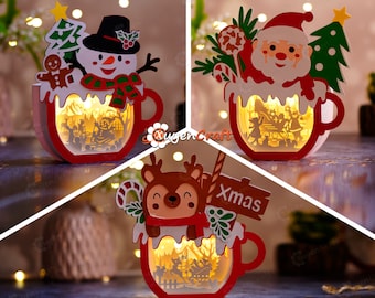Christmas Hot Cocoa Shadow Box SVG, Weihnachtsmann, Schneemann, Rentier (digitaler Download)