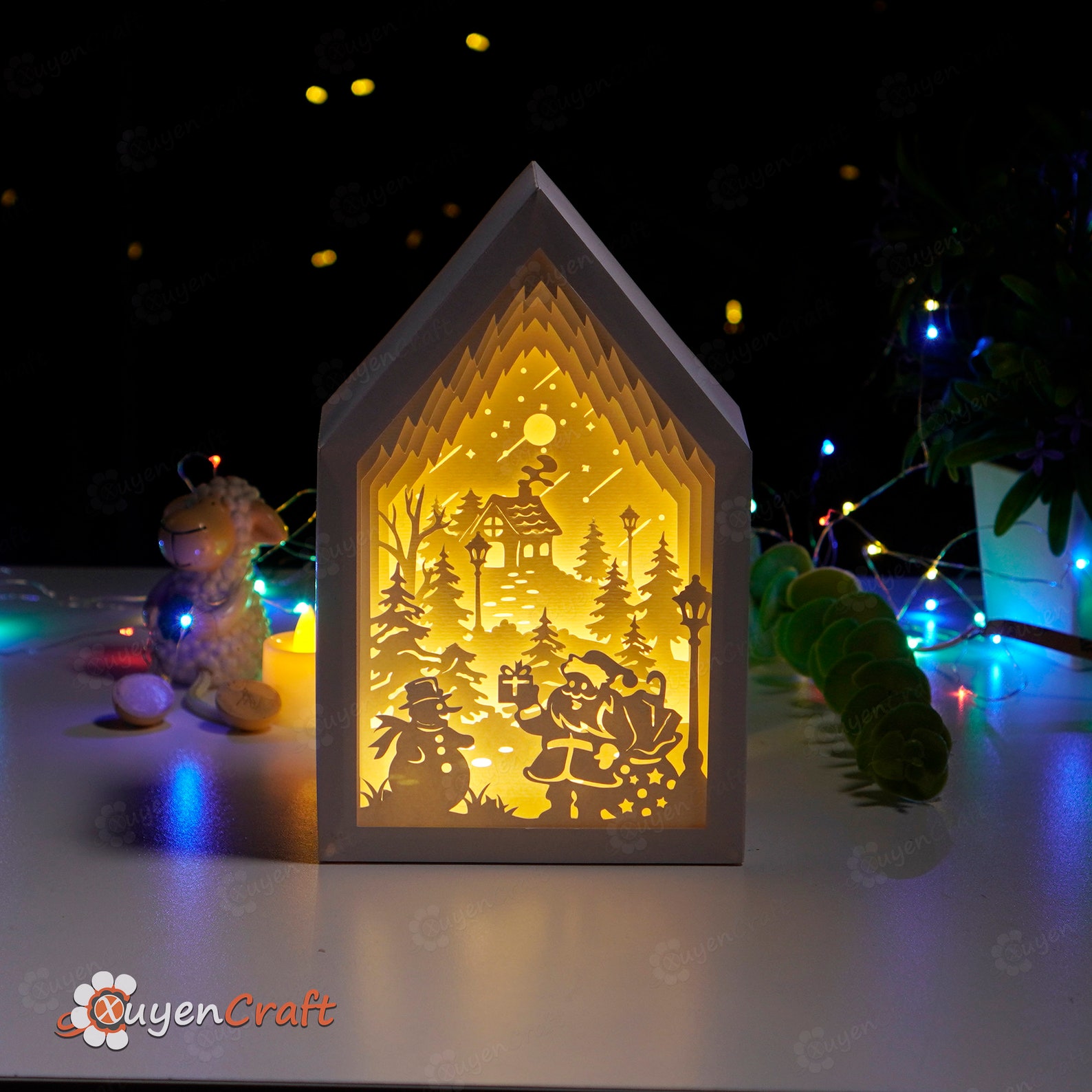 Santa Claus and Snowman in Christmas Lanterns Shadow Box SVG - Etsy