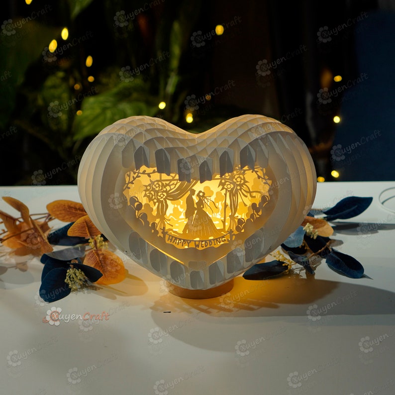 Cartão pop-up de coração de casamento feliz caixa de luz 3D modelo SVG, corte de papel, caixa de sombra de iluminação de coração 3D - pop-up de globo, presente de dia de casamento DIY imagem 1