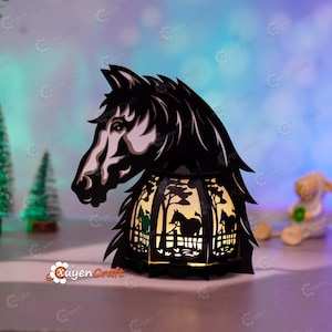 Horse Head Lantern SVG, Studio, PDF Templates - DIY Horse Lantern for Home Decoration, Paper Cutting Lamp Svg - Horse Shadow Box Svg