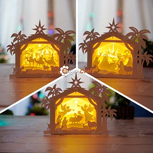 Conjunto de 3 caixas de sombra para presépio svg para projetos cricut, faça você mesmo, lanternas de feliz natal, caixa de iluminação para casa de presépio, decoração de natal