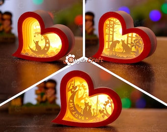Cat Heart Lantern Shadow Box SVG - Valentines DIY Paper Cut Template (Digital Download)