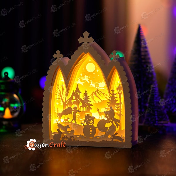 Winter Scene in Nativity House Shadow Box PDF, SVG Light Box for Cricut Projects - DIY Winter Scene, Christmas village Lantern for Christmas