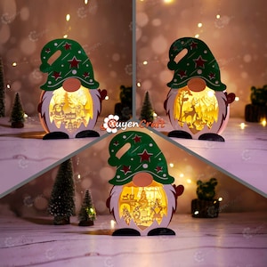 Set 3 Christmas Gnome Shadow Box PDF, SVG Light Box for Cricut Projects - DIY Gnome Lantern with Christmas Gnome, Santa Xmas, Deer Scene