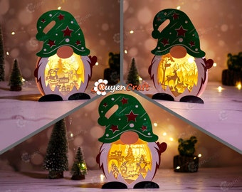 Set 3 Christmas Gnome Shadow Box PDF, SVG Light Box for Cricut Projects - DIY Gnome Lantern with Christmas Gnome, Santa Xmas, Deer Scene