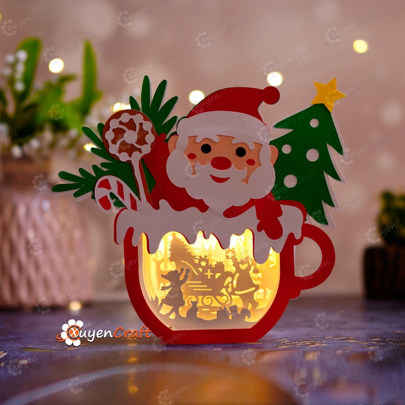 Santa Hot Cocoa Shadow Box SVG, Christmas Paper Cut Light Box (Digital Download) image 3