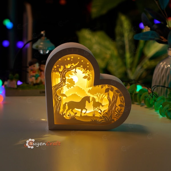 Horse Couple Heart Lanterns Shadow Box SVG for Cricut Projects, Valentines Crafts, Paper Cut Template - DIY Lamp Decoration, 3d heart svg