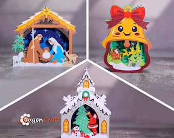 Può includere: Una collezione di ornamenti natalizi e del presepe tagliati al laser in tre dimensioni. Gli ornamenti includono una scena della Natività, una campana con un fiocco e una chiesa con Babbo Natale e un pupazzo di neve. Gli ornamenti sono in legno a strati e dipinti.