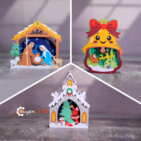 Set 3 Christmas 3D Pop-up Card Templates – Nativity Scene, Winter Church, Christmas Bell | DIY Papercut Christmas Ornament | PDF SVG Files