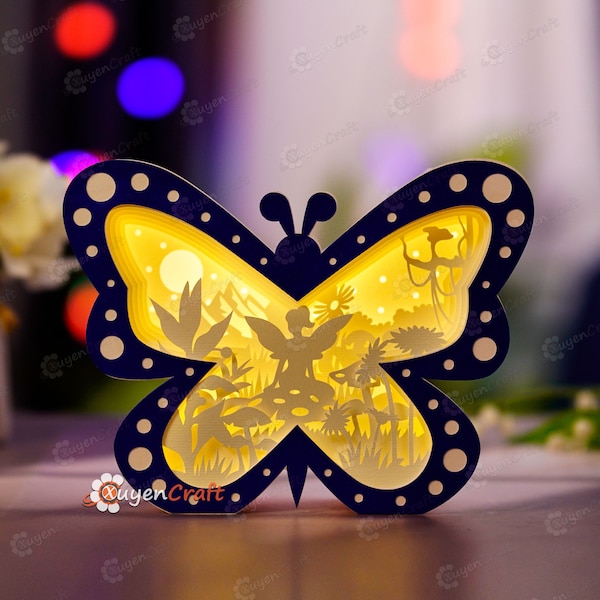 Fairy Mushroom Forest Scene Butterfly Light Box, Shadow Box PDF, SVG, Studio Template - DIY Butterfly Lantern 3D Paper Cut File