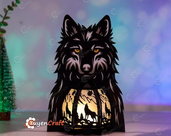 Wolf Head Lantern PDF, Studio, SVG Templates - DIY Wolf Lantern for Home Decoration, Paper Cutting Lamp Svg - Wolf Shadow Box Svg