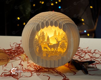 Deer Family Merry Christmas Sphere Popup 3D - Paper Cutting SVG Template - 3D Pop up Card - DIY Paper Cut Lamp, Christmas Paper Lanterns