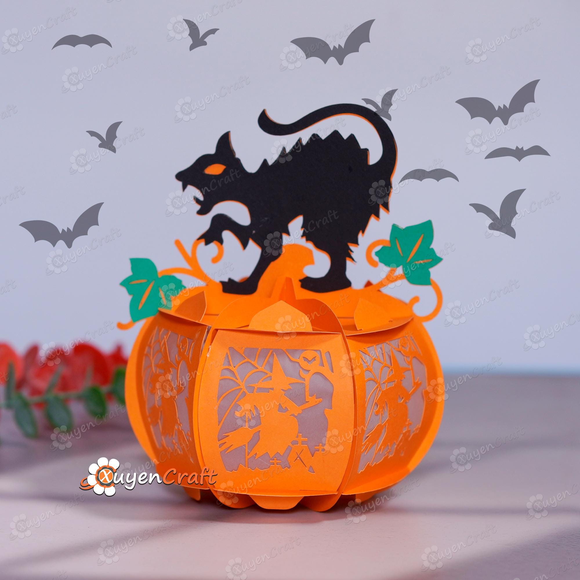 ^(｀∇´)^ ハロウィン　猫かぼちゃ　ランタン 黒猫かぼちゃランタン3個セット PDF、SVG、スタジオテンプレート