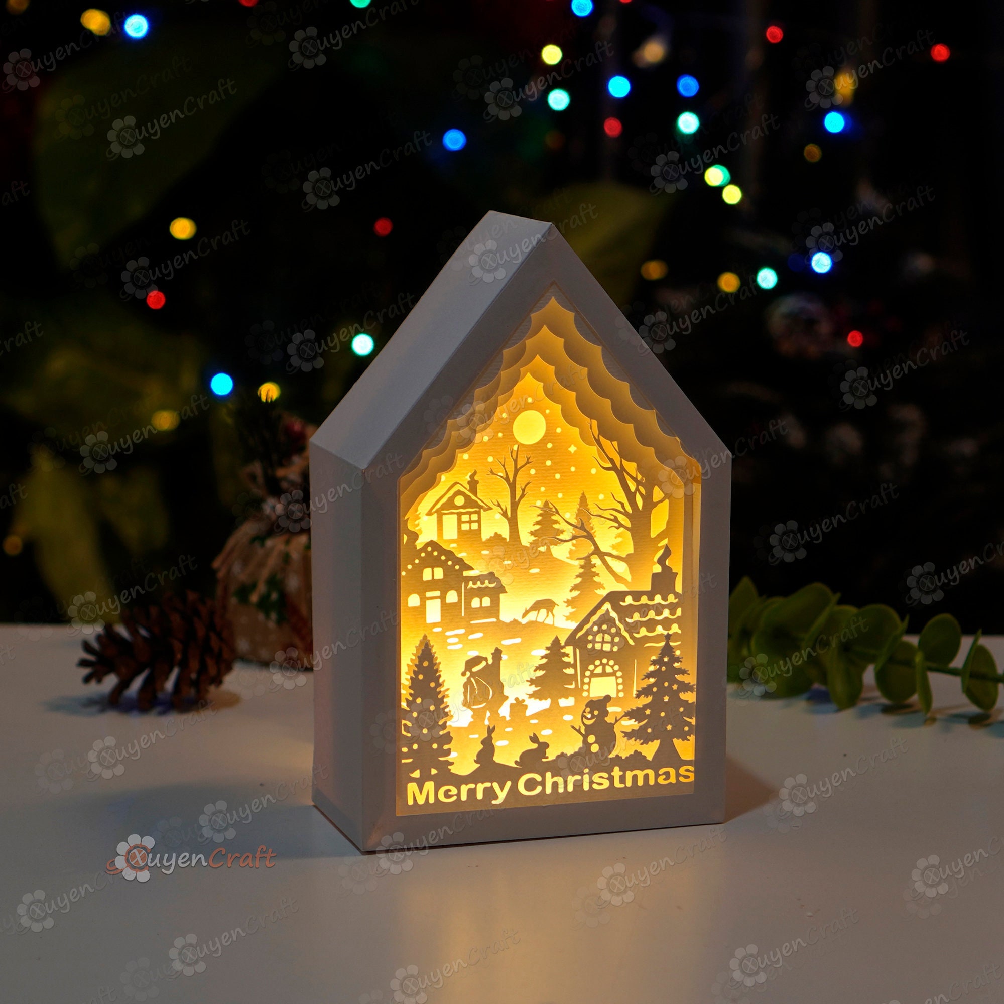 Merry Christmas Shadow Box Lightbox Christmas Village 3D Paper Cut Template PDF SVG Silhouette Studio DIY Paper Lanterns With Lights Etsy