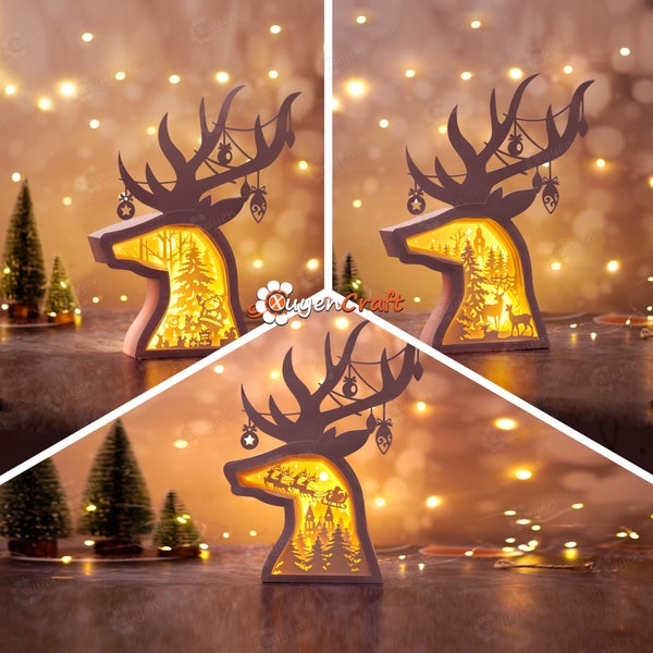 Pack 3 Deer Head Christmas Shadow Box PDF, SVG Light Box for Cricut Projects - DIY Christmas Lantern - Santa Shadowbox, Reindeer Lighbox