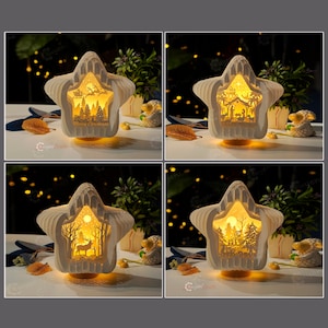 Pack 4 étoiles Pop Up SVG, modèles de silhouette, lanternes étoiles pour décor de joyeux Noël, scène de la Nativité, père Noël, lampe en papier pour bricolage
