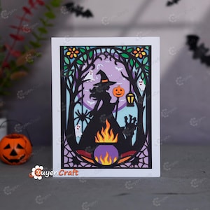 Caja de sombras de vitral 3D de Bosque de Brujas SVG / Plantilla de corte de papel en capas / Regalo de Halloween DIY, Marco rectangular