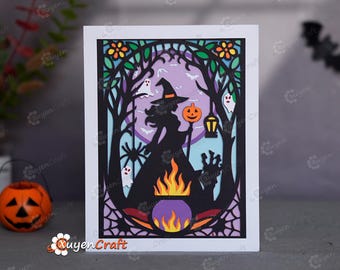 Witch Forest Shadow Box SVG | 3D Stained Glass Papercut Template (PDF)