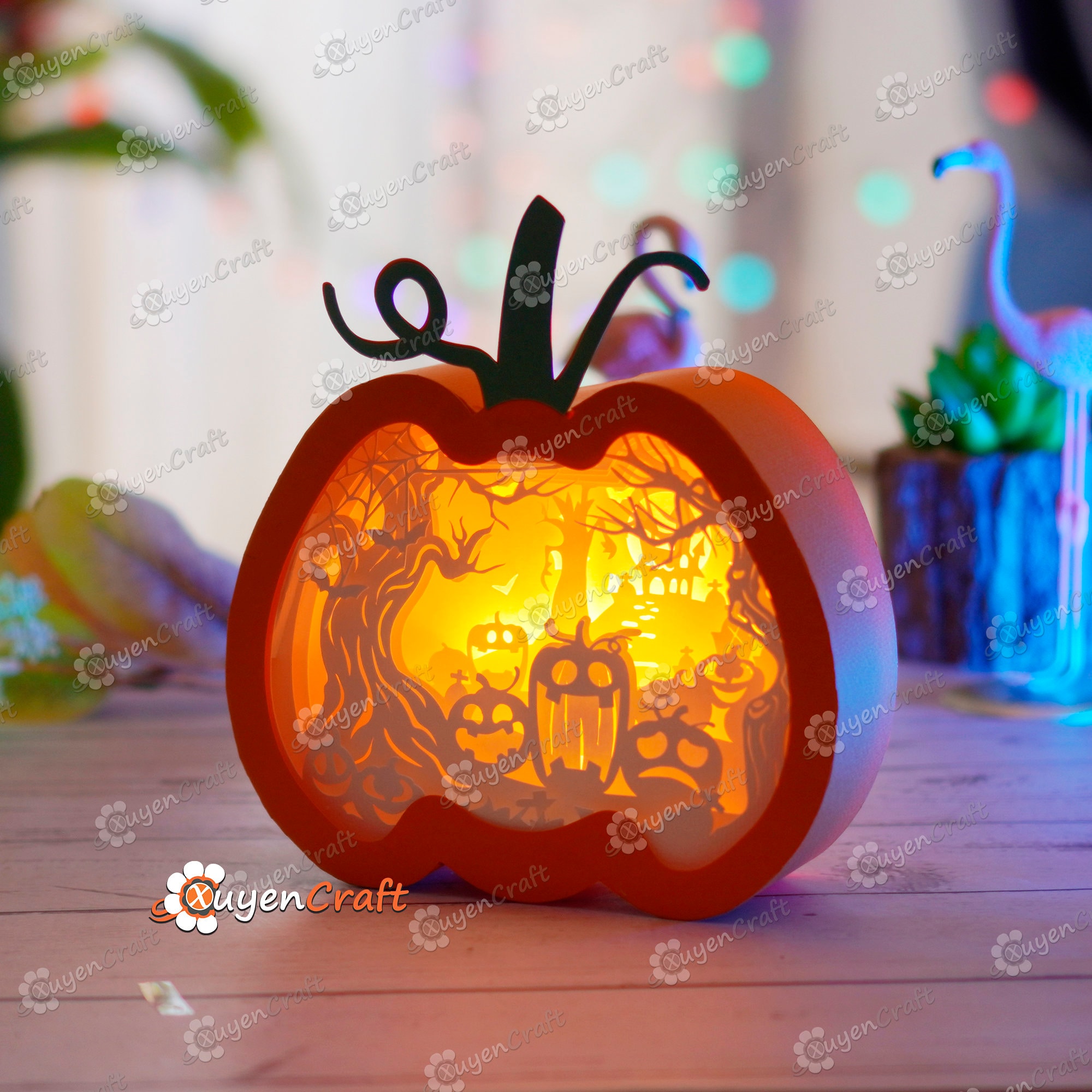 Scary Pumpkin Lantern Shadow Box, Halloween Paper Lamp Decor (PDF, SVG ...