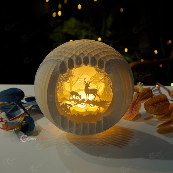 PDF, SVG, Studio Template Deer Sphere Pop up, 3D Papercut Deer Light Box Sliceform Paper, Deer Shadow box, 3d lamp svg, DIY Deer night light